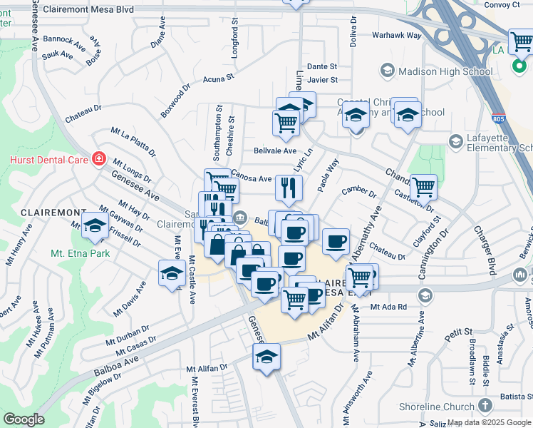 map of restaurants, bars, coffee shops, grocery stores, and more near 5252 Balboa Arms Drive in San Diego
