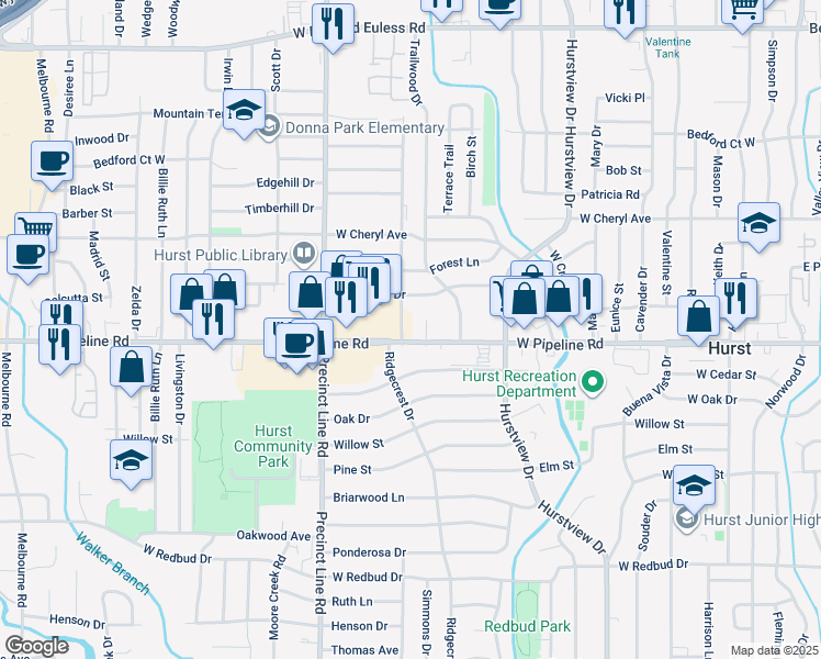 map of restaurants, bars, coffee shops, grocery stores, and more near 712 West Pipeline Road in Hurst