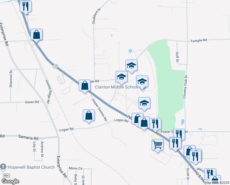 map of restaurants, bars, coffee shops, grocery stores, and more near 1000 Cloverleaf Drive in Clanton