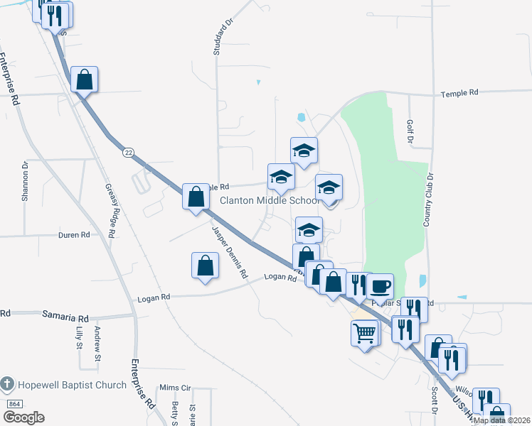 map of restaurants, bars, coffee shops, grocery stores, and more near 1000 Cloverleaf Drive in Clanton