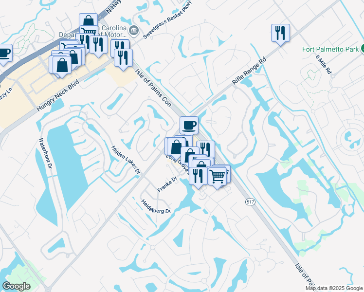 map of restaurants, bars, coffee shops, grocery stores, and more near 1300 Long Grove Drive in Mount Pleasant
