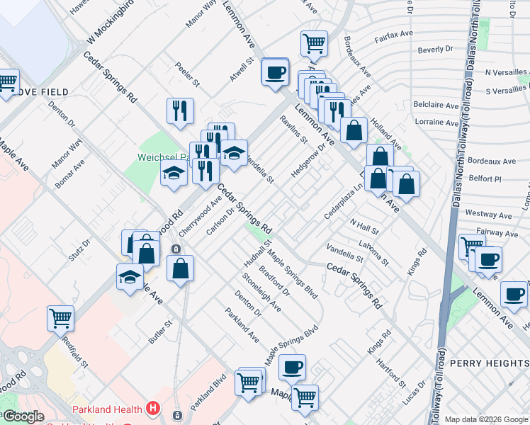 map of restaurants, bars, coffee shops, grocery stores, and more near 5414 Cedar Springs Road in Dallas