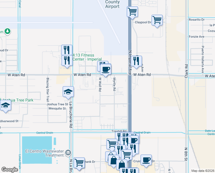 map of restaurants, bars, coffee shops, grocery stores, and more near 447 West Aten Road in Imperial