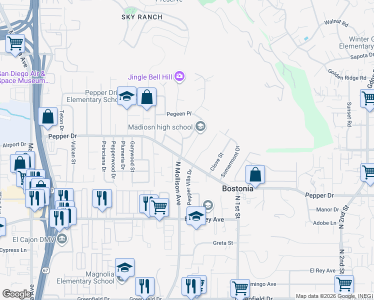 map of restaurants, bars, coffee shops, grocery stores, and more near 1323 Lindenwood Drive in El Cajon
