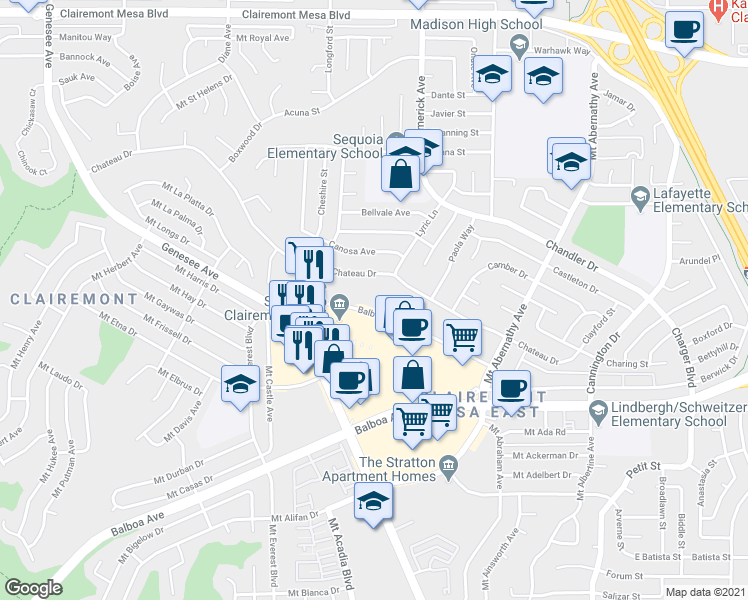 map of restaurants, bars, coffee shops, grocery stores, and more near 5188 Balboa Arms Drive in San Diego