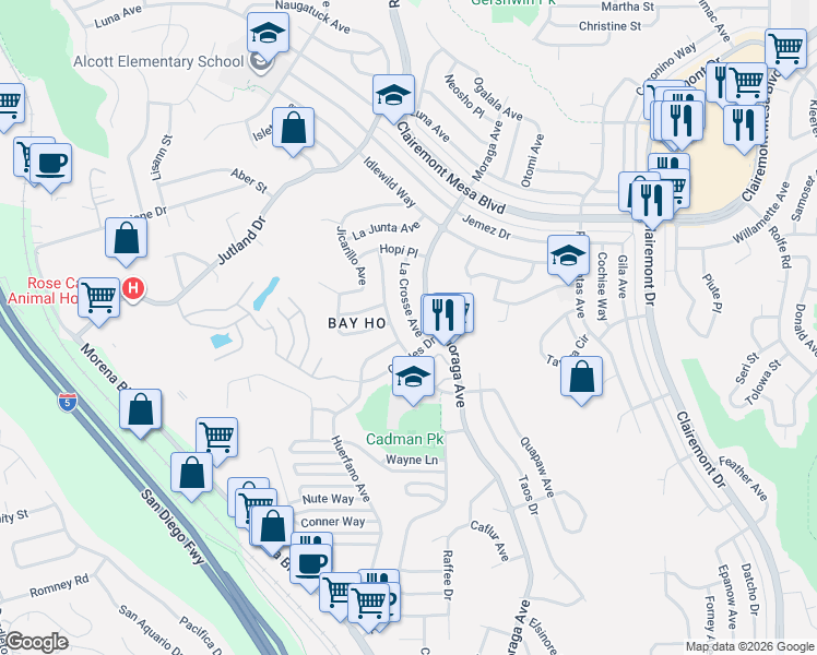 map of restaurants, bars, coffee shops, grocery stores, and more near 4457 Kamloop Avenue in San Diego