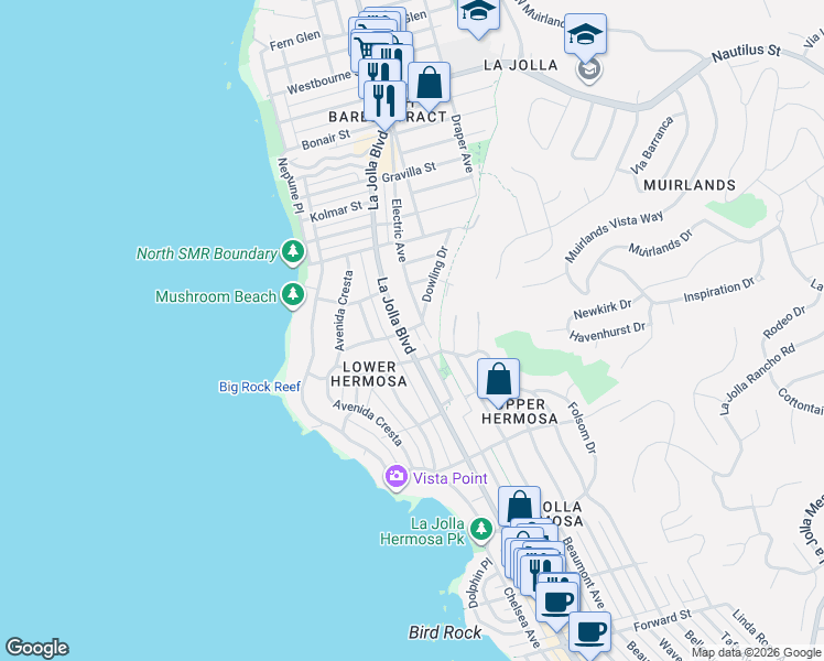 map of restaurants, bars, coffee shops, grocery stores, and more near 6333 La Jolla Boulevard in San Diego