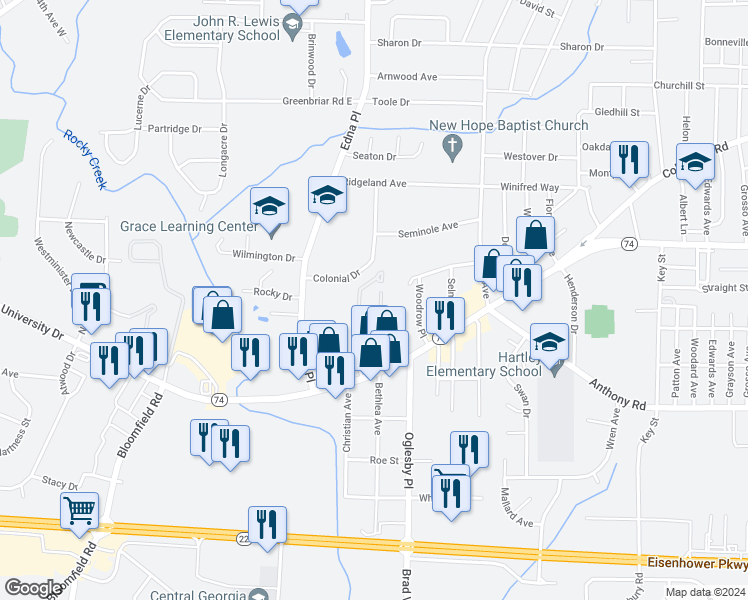 map of restaurants, bars, coffee shops, grocery stores, and more near 180 Hidden Lakes Court in Macon