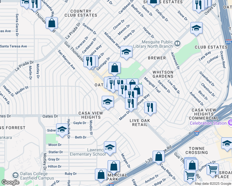 map of restaurants, bars, coffee shops, grocery stores, and more near 2943 Oates Drive in Mesquite