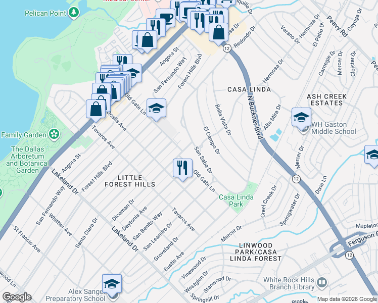 map of restaurants, bars, coffee shops, grocery stores, and more near 9105 Diceman Drive in Dallas