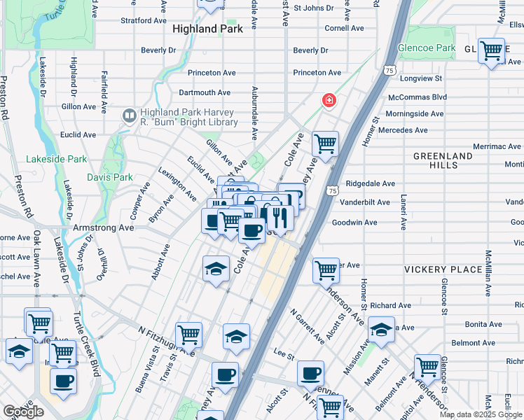 map of restaurants, bars, coffee shops, grocery stores, and more near 4634 Travis Street in Dallas
