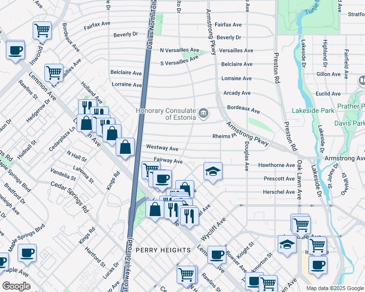 map of restaurants, bars, coffee shops, grocery stores, and more near 4519 Rheims Place in Dallas