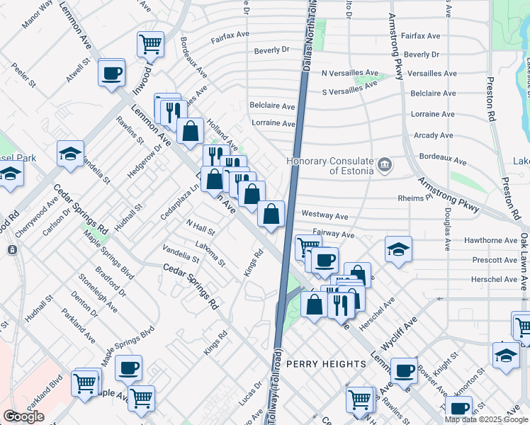 map of restaurants, bars, coffee shops, grocery stores, and more near 4345 Westside Avenue in Dallas