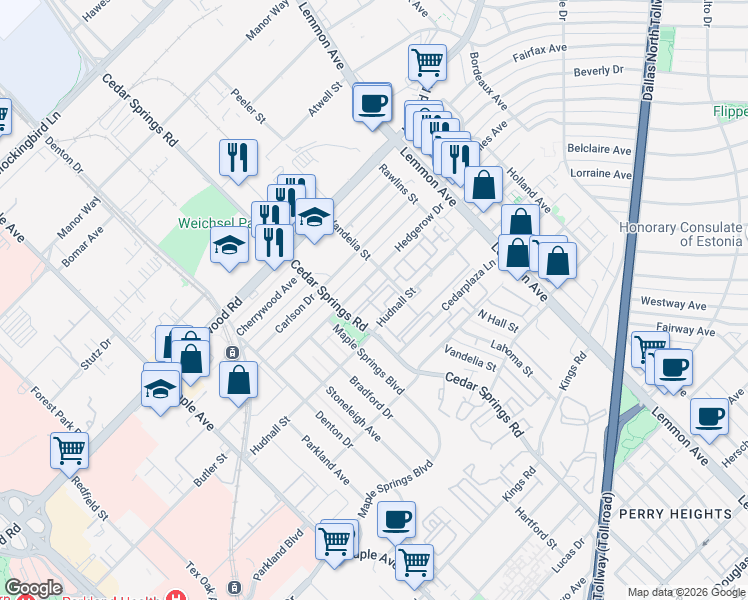 map of restaurants, bars, coffee shops, grocery stores, and more near 3123 Hedgerow Drive in Dallas