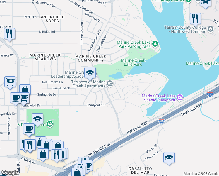 map of restaurants, bars, coffee shops, grocery stores, and more near 4706 Catamaran Drive in Fort Worth