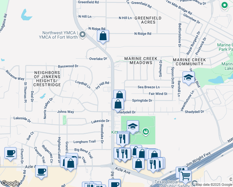 map of restaurants, bars, coffee shops, grocery stores, and more near 6012 Reef Point Lane in Fort Worth