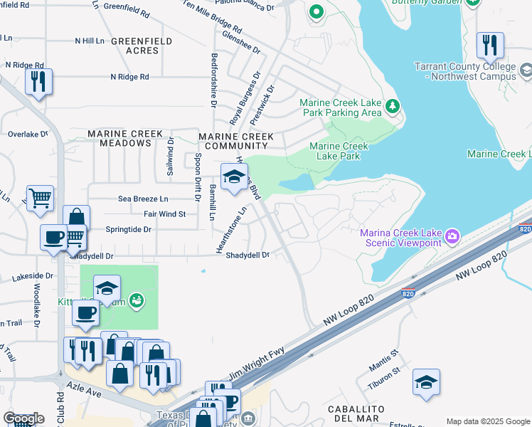 map of restaurants, bars, coffee shops, grocery stores, and more near 4707 Huffines Boulevard in Fort Worth