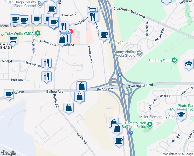 map of restaurants, bars, coffee shops, grocery stores, and more near 4711 Viewridge Avenue in San Diego