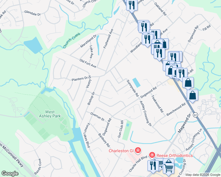 map of restaurants, bars, coffee shops, grocery stores, and more near 2061 Green Park Avenue in Charleston