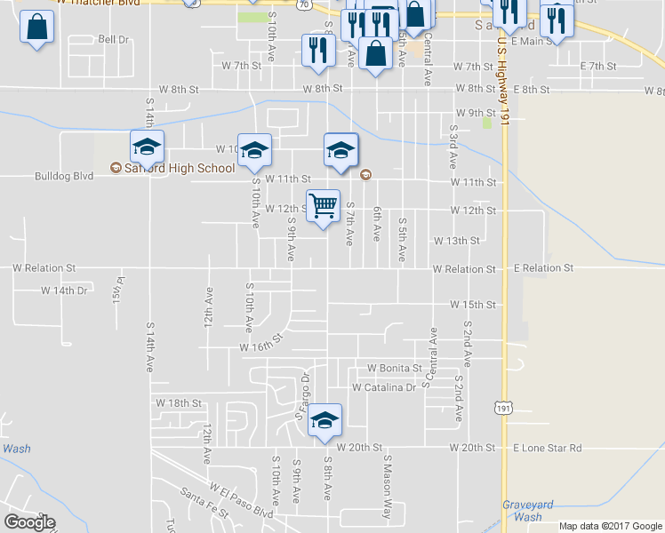 map of restaurants, bars, coffee shops, grocery stores, and more near 712 Relation Street in Safford