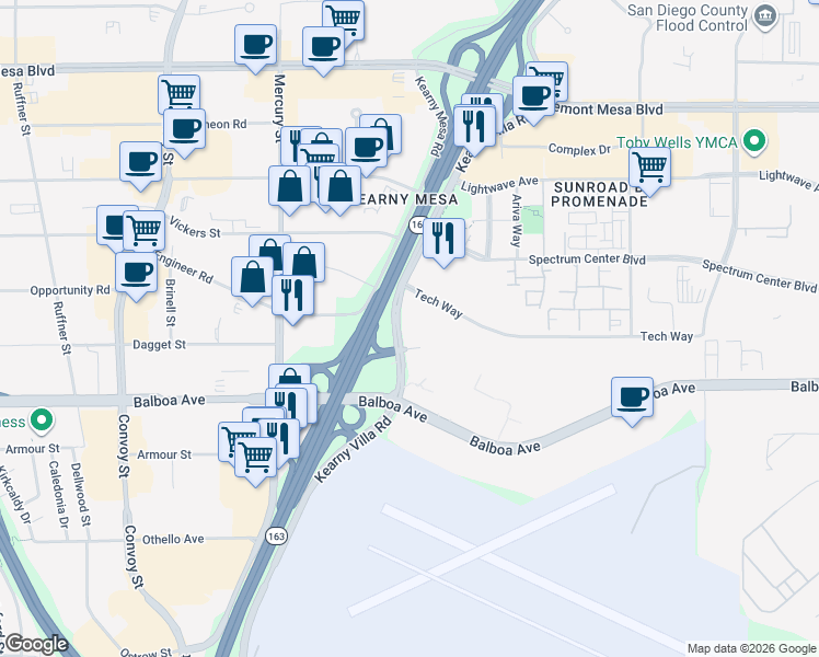 map of restaurants, bars, coffee shops, grocery stores, and more near 8306 Century Park Court in San Diego