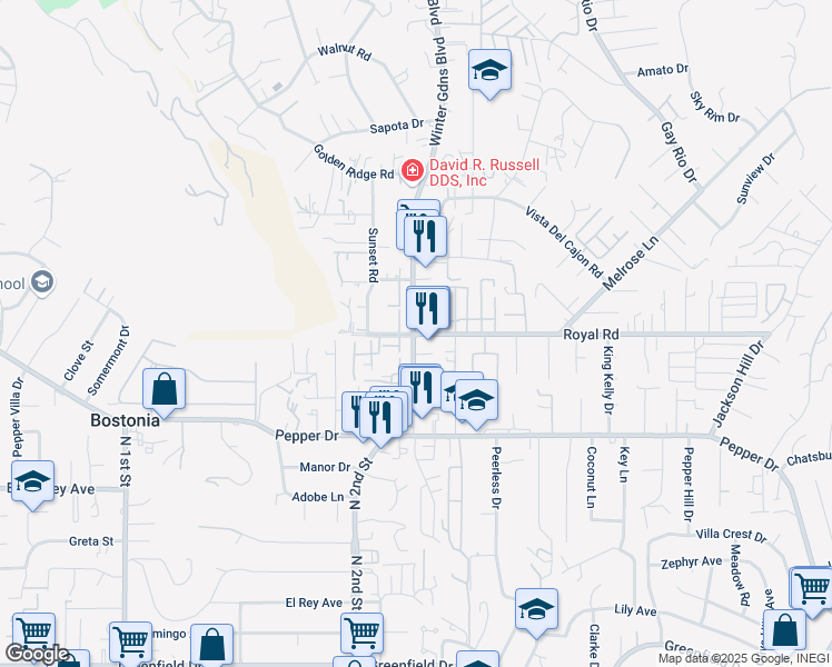 map of restaurants, bars, coffee shops, grocery stores, and more near 12020 Royal Road in Lakeside