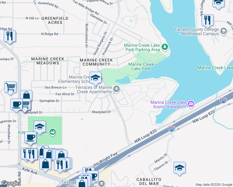 map of restaurants, bars, coffee shops, grocery stores, and more near 4706 Catamaran Drive in Fort Worth