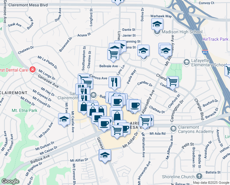 map of restaurants, bars, coffee shops, grocery stores, and more near 5202 Balboa Arms Drive in San Diego