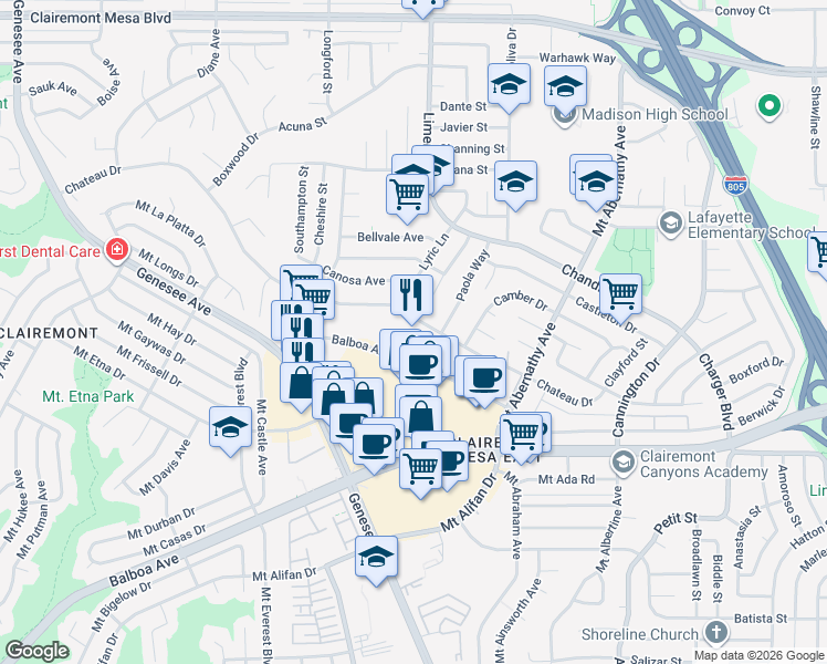 map of restaurants, bars, coffee shops, grocery stores, and more near 5404 Balboa Arms Drive in San Diego