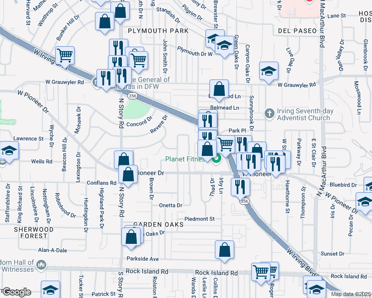 map of restaurants, bars, coffee shops, grocery stores, and more near 902 East Tanglewood Drive in Irving