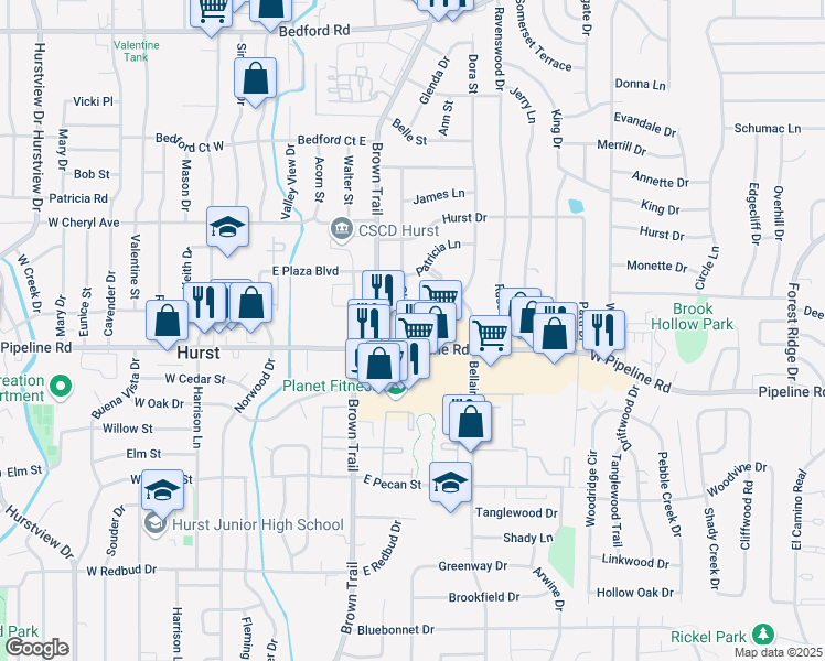 map of restaurants, bars, coffee shops, grocery stores, and more near 325 East Pipeline Road in Bedford