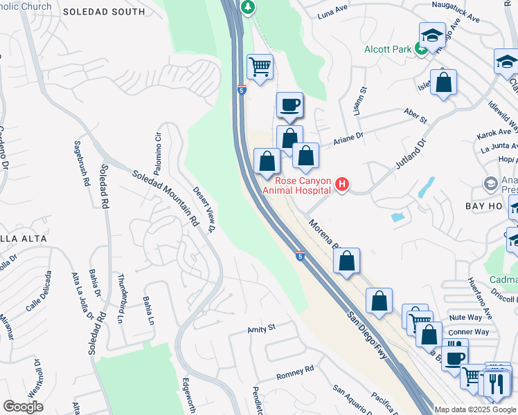 map of restaurants, bars, coffee shops, grocery stores, and more near in San Diego