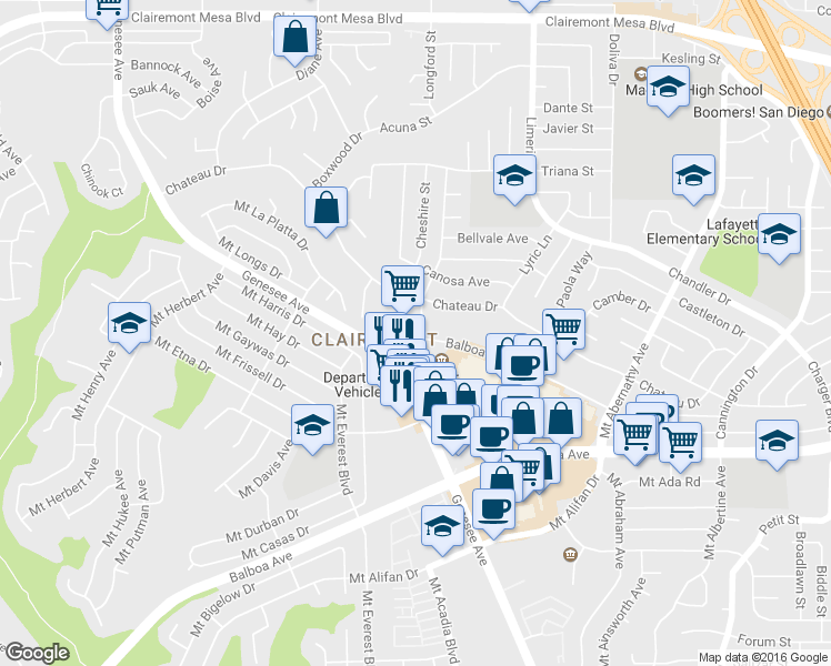 map of restaurants, bars, coffee shops, grocery stores, and more near 4421 Genesee Avenue in San Diego