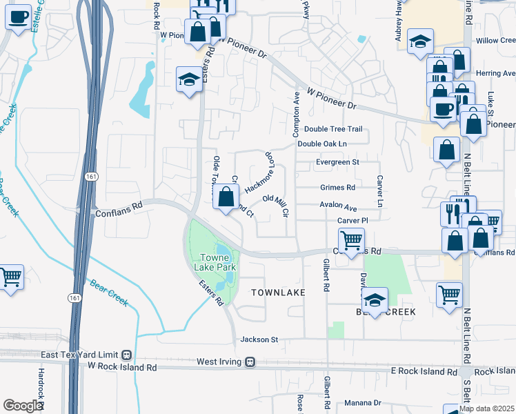 map of restaurants, bars, coffee shops, grocery stores, and more near 1013 Old Mill Circle in Irving