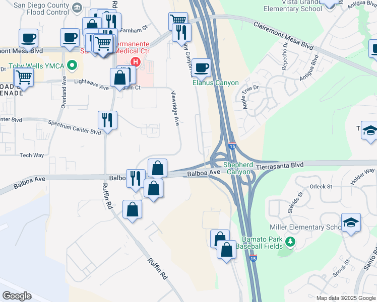 map of restaurants, bars, coffee shops, grocery stores, and more near 4711 Viewridge Avenue in San Diego