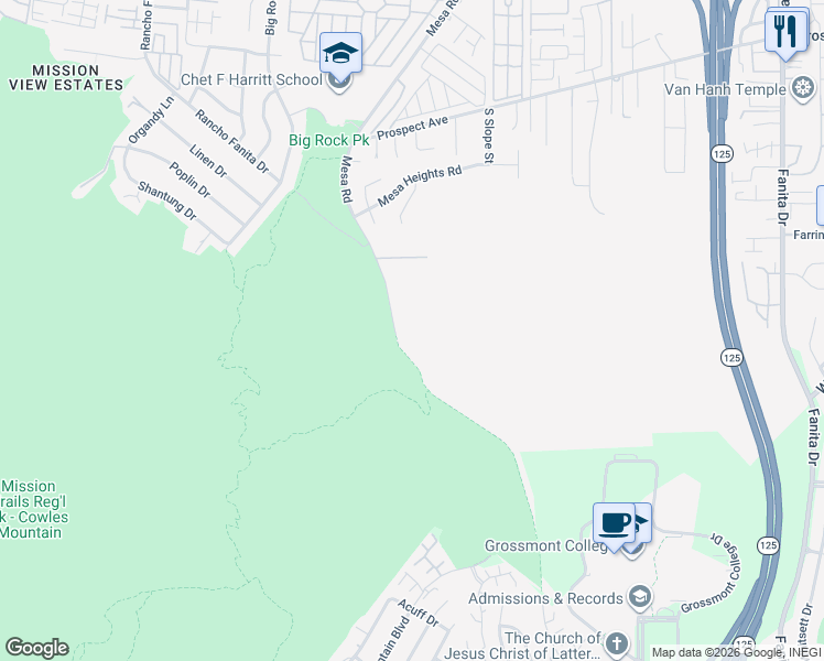 map of restaurants, bars, coffee shops, grocery stores, and more near 8107 Mesa Road in Santee