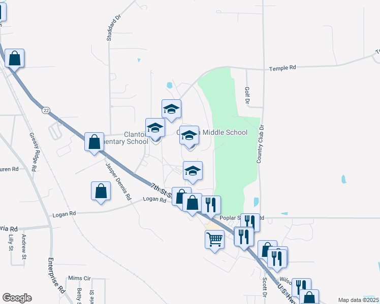 map of restaurants, bars, coffee shops, grocery stores, and more near 835 Temple Road in Clanton