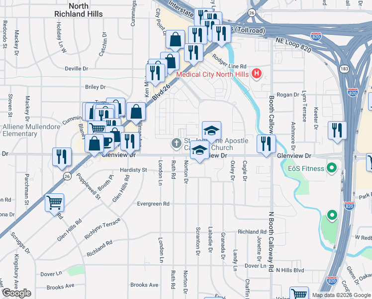 map of restaurants, bars, coffee shops, grocery stores, and more near 7401 Glenview Drive in Richland Hills