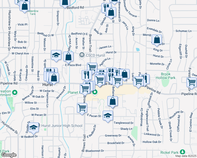 map of restaurants, bars, coffee shops, grocery stores, and more near 325 East Pipeline Road in Bedford
