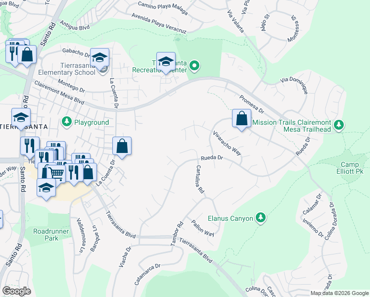 map of restaurants, bars, coffee shops, grocery stores, and more near 4350 Via Sorpresa in San Diego