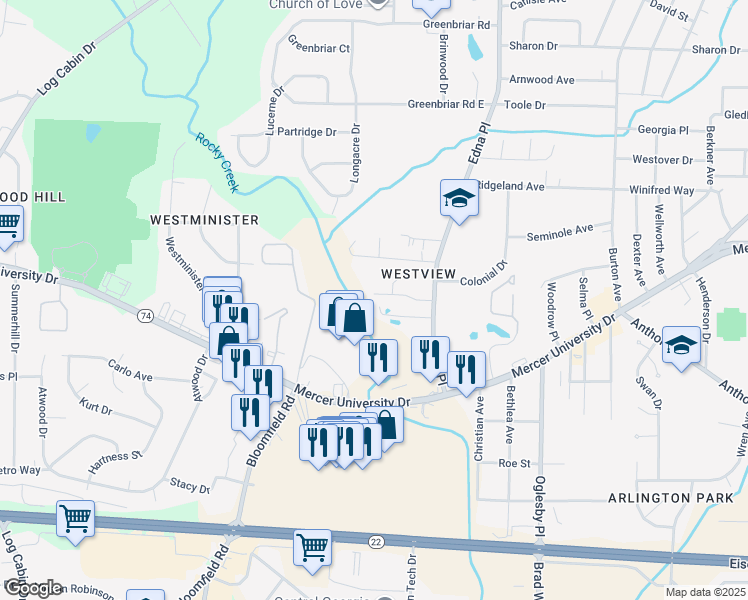 map of restaurants, bars, coffee shops, grocery stores, and more near 3445 Rocky Drive in Macon
