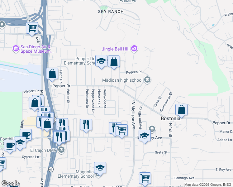 map of restaurants, bars, coffee shops, grocery stores, and more near 1286 Bates Lane in El Cajon