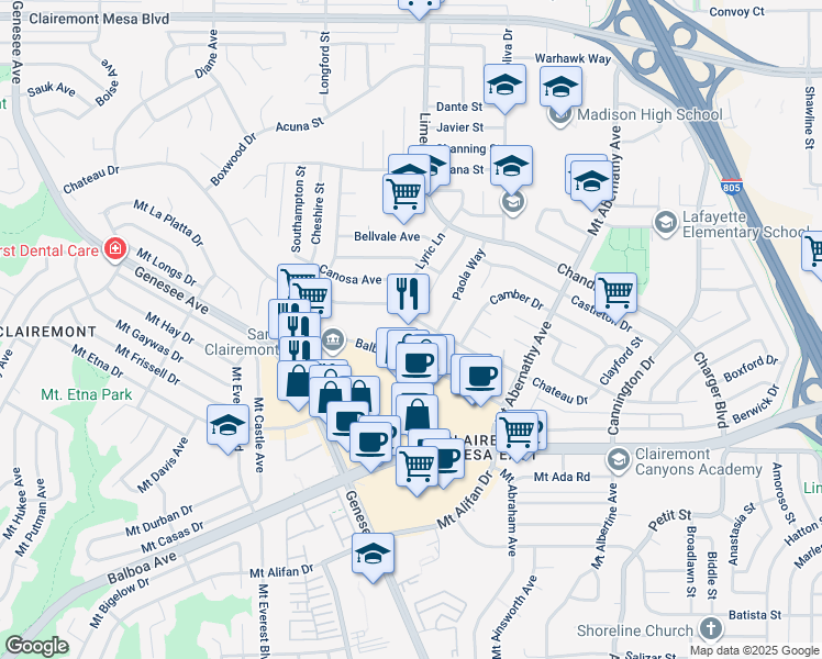 map of restaurants, bars, coffee shops, grocery stores, and more near 5202 Balboa Arms Drive in San Diego