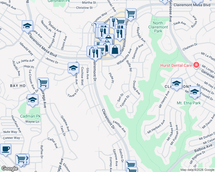 map of restaurants, bars, coffee shops, grocery stores, and more near 4430 Piute Place in San Diego