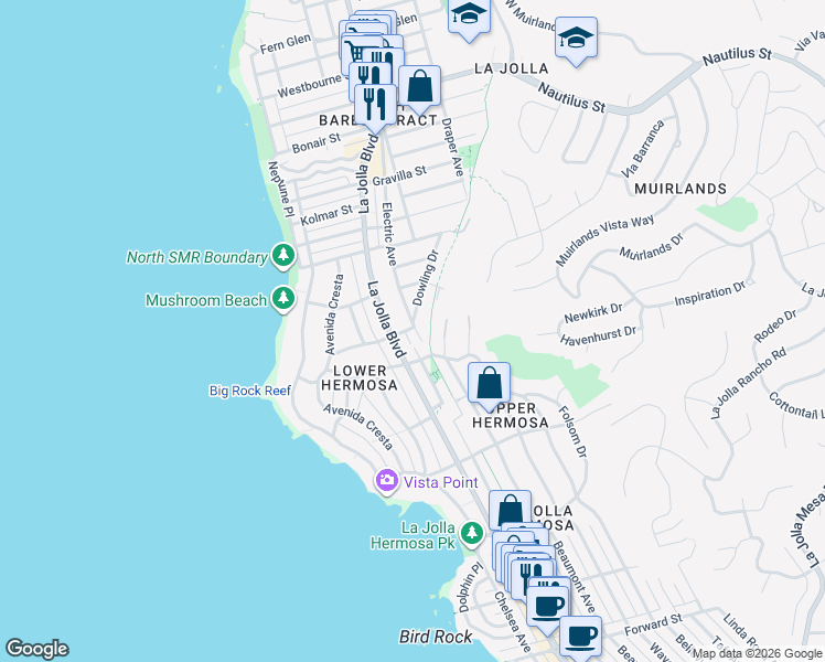 map of restaurants, bars, coffee shops, grocery stores, and more near 6261 Dowling Drive in San Diego