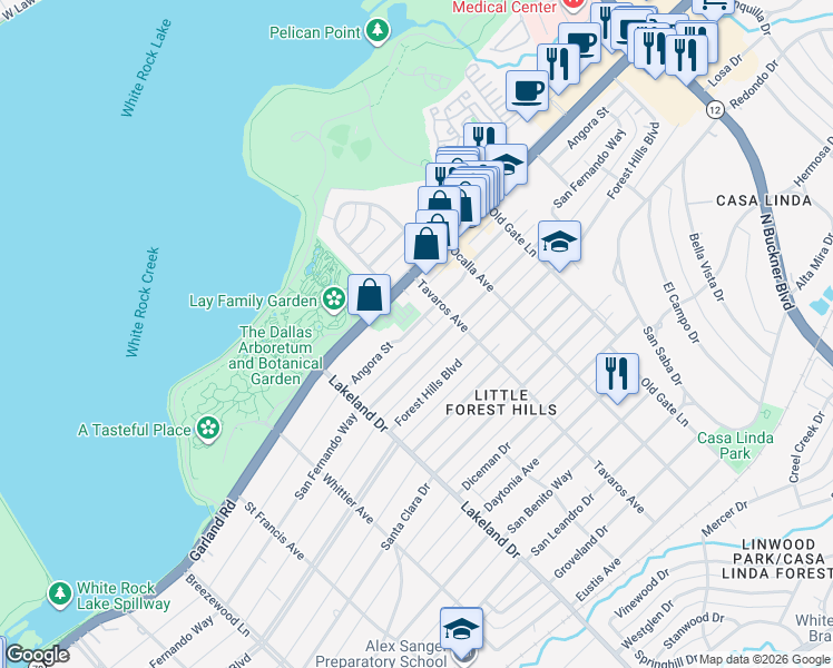 map of restaurants, bars, coffee shops, grocery stores, and more near 8808 Angora Street in Dallas