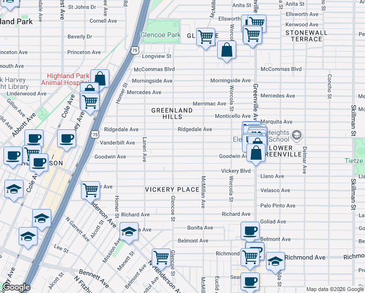 map of restaurants, bars, coffee shops, grocery stores, and more near 5407 Vanderbilt Avenue in Dallas