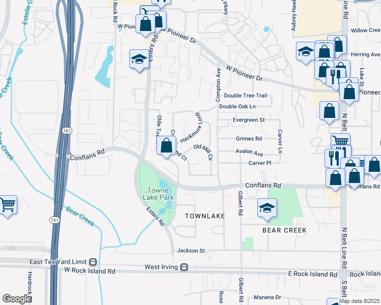 map of restaurants, bars, coffee shops, grocery stores, and more near 1013 Old Mill Circle in Irving