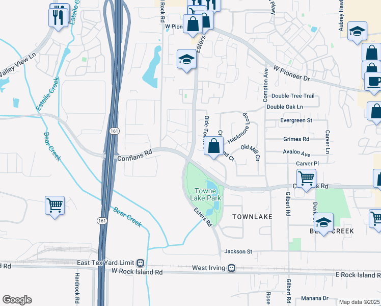 map of restaurants, bars, coffee shops, grocery stores, and more near 1101 Esters Road in Irving