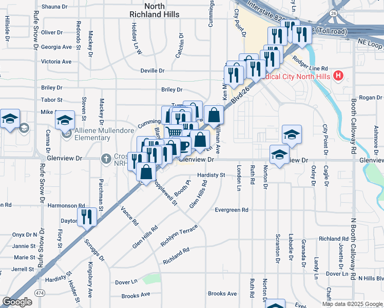 map of restaurants, bars, coffee shops, grocery stores, and more near 7238 Vivian Lane in Richland Hills